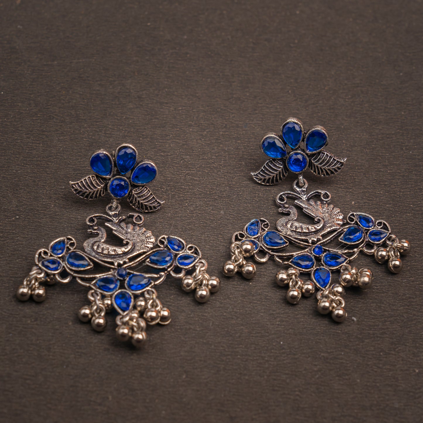 Pretty Peacock stone studded jhumka earring (Blue)