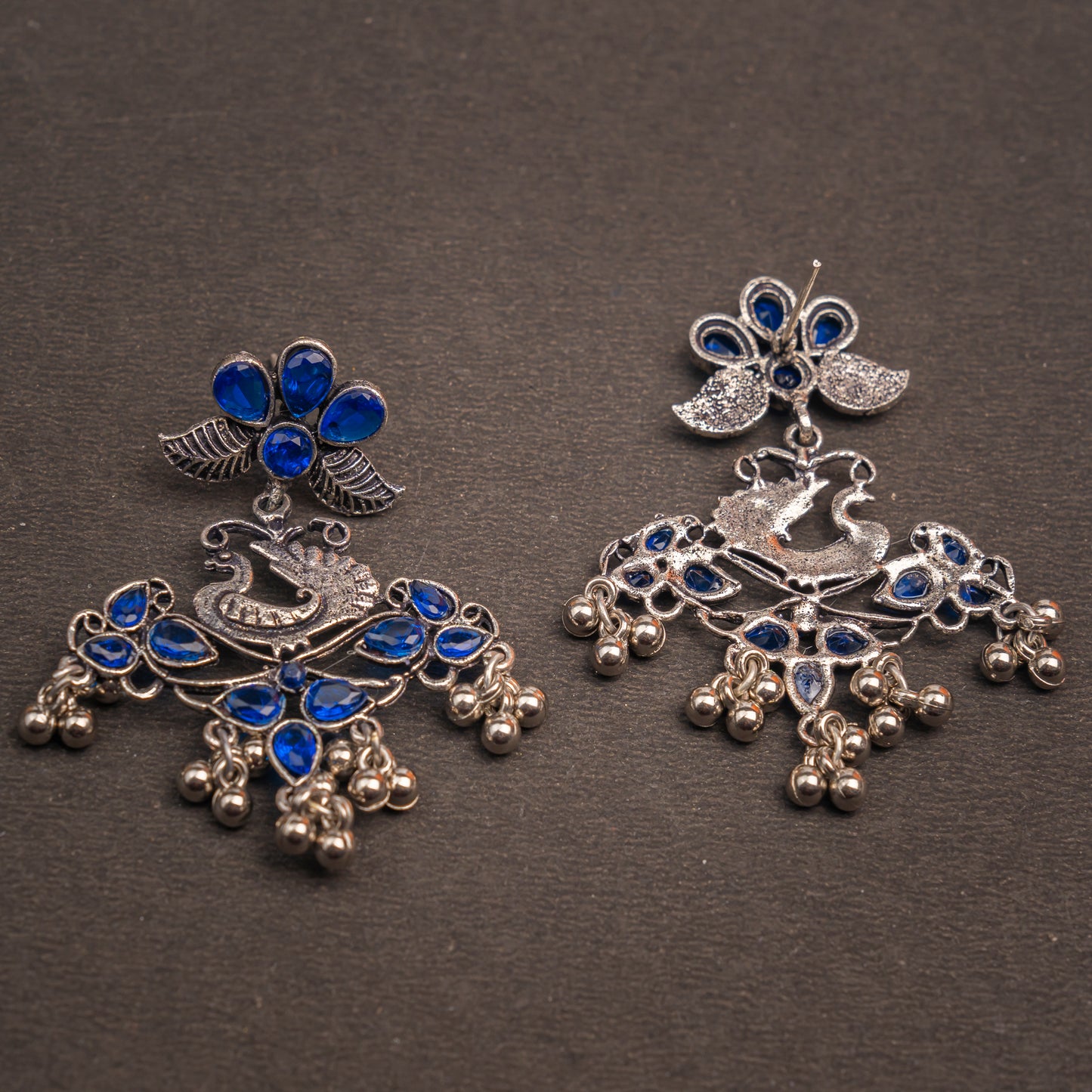 Pretty Peacock stone studded jhumka earring (Blue)
