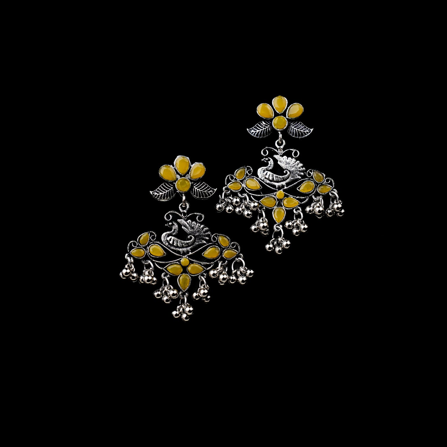 Yellow Stone Studded Semicircular Oxidized Earrings With Hanging Jhumki