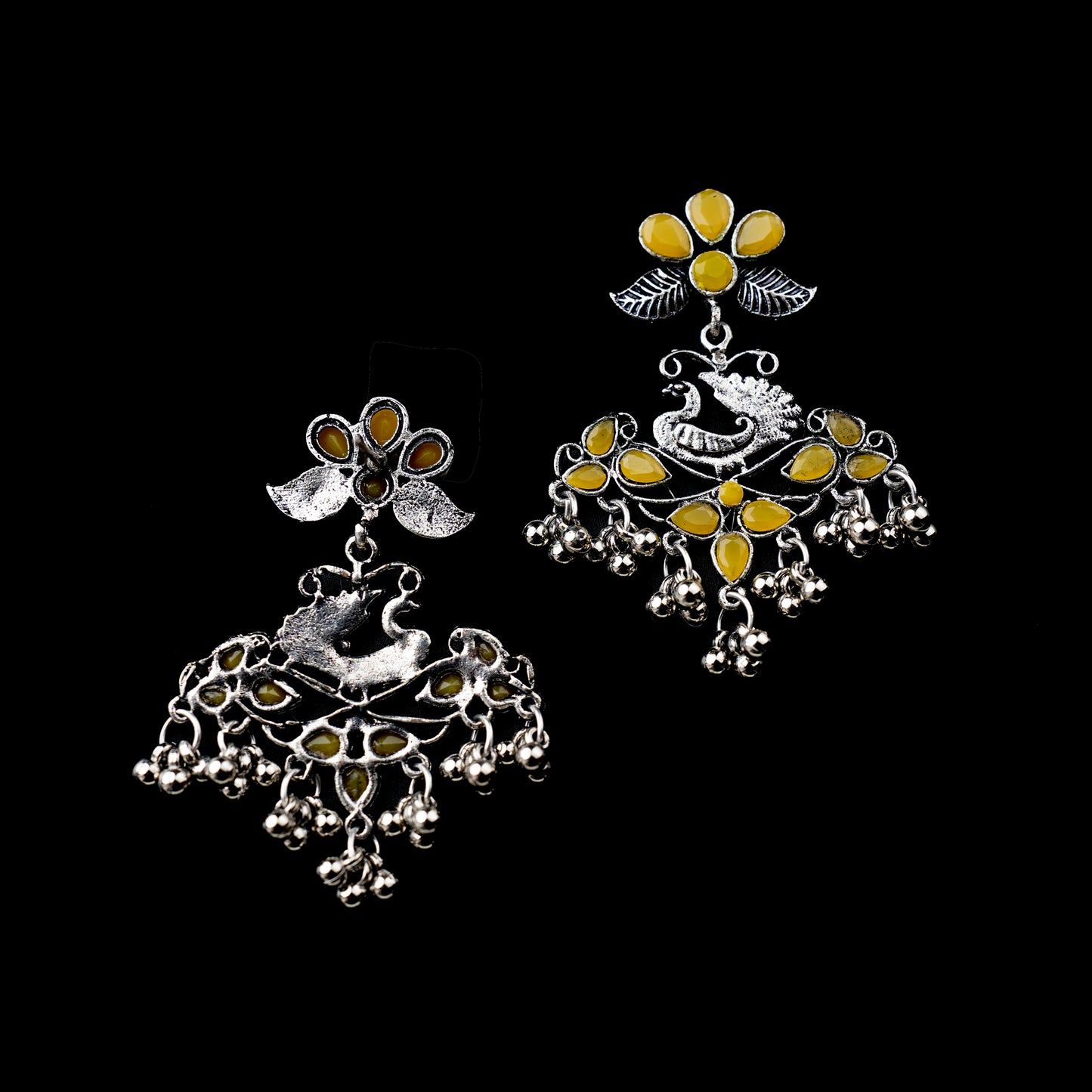 Yellow Stone Studded Semicircular Oxidized Earrings With Hanging Jhumki