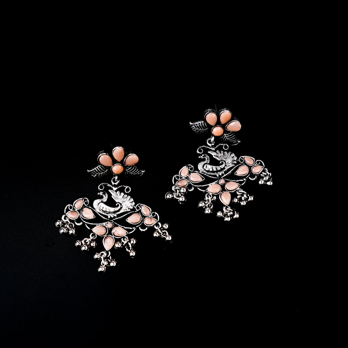 Light Orange Stone Studded Semicircular Oxidized Earrings With Hanging Jhumki