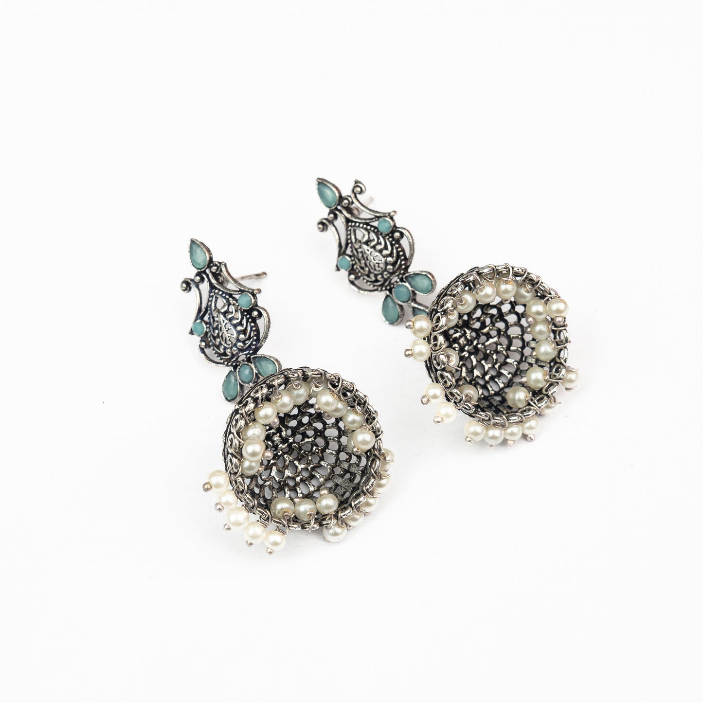 Mint Stone Studded Intricate Danglers With Hanging Jhumki