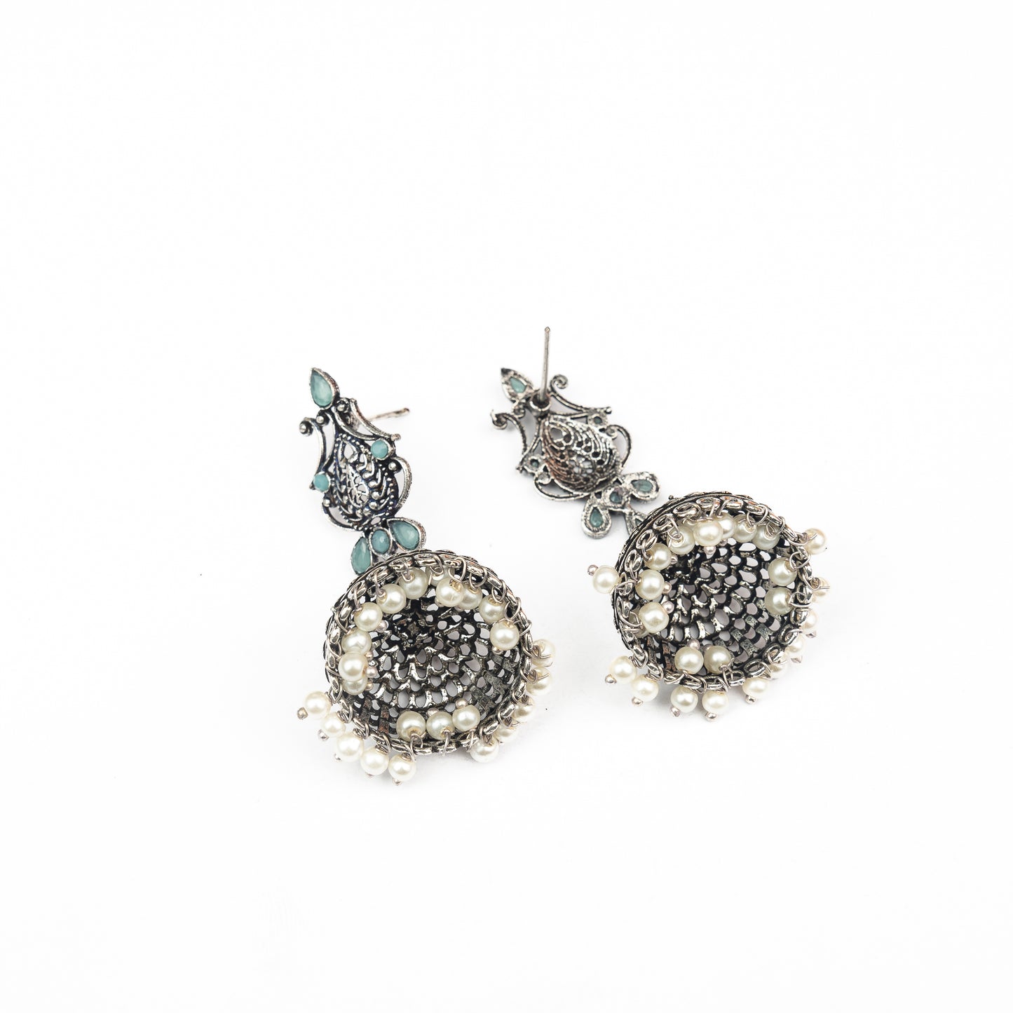 Mint Stone Studded Intricate Danglers With Hanging Jhumki