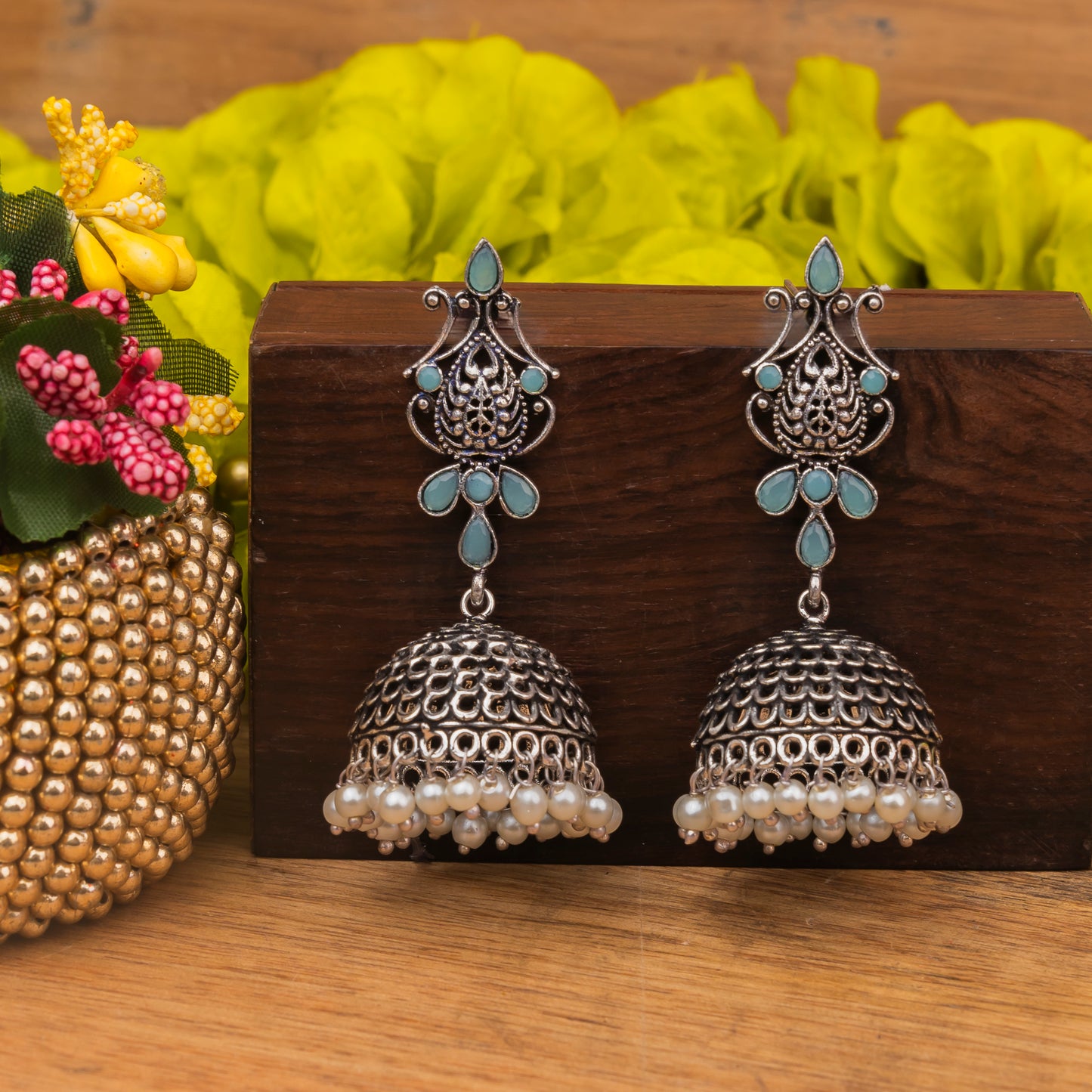 Mint Stone Studded Intricate Danglers With Hanging Jhumki