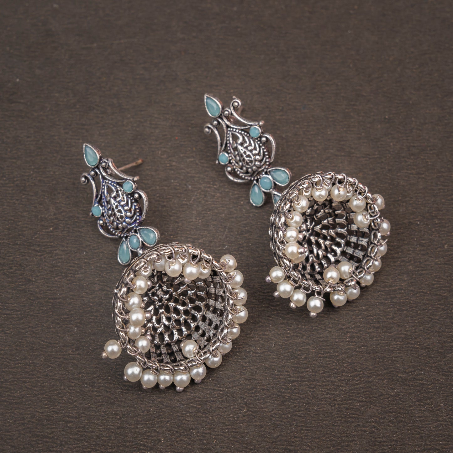 Mint Stone Studded Intricate Danglers With Hanging Jhumki
