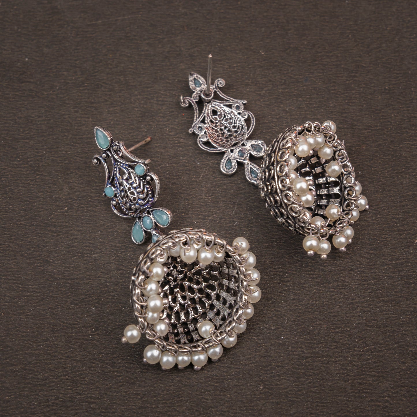 Mint Stone Studded Intricate Danglers With Hanging Jhumki
