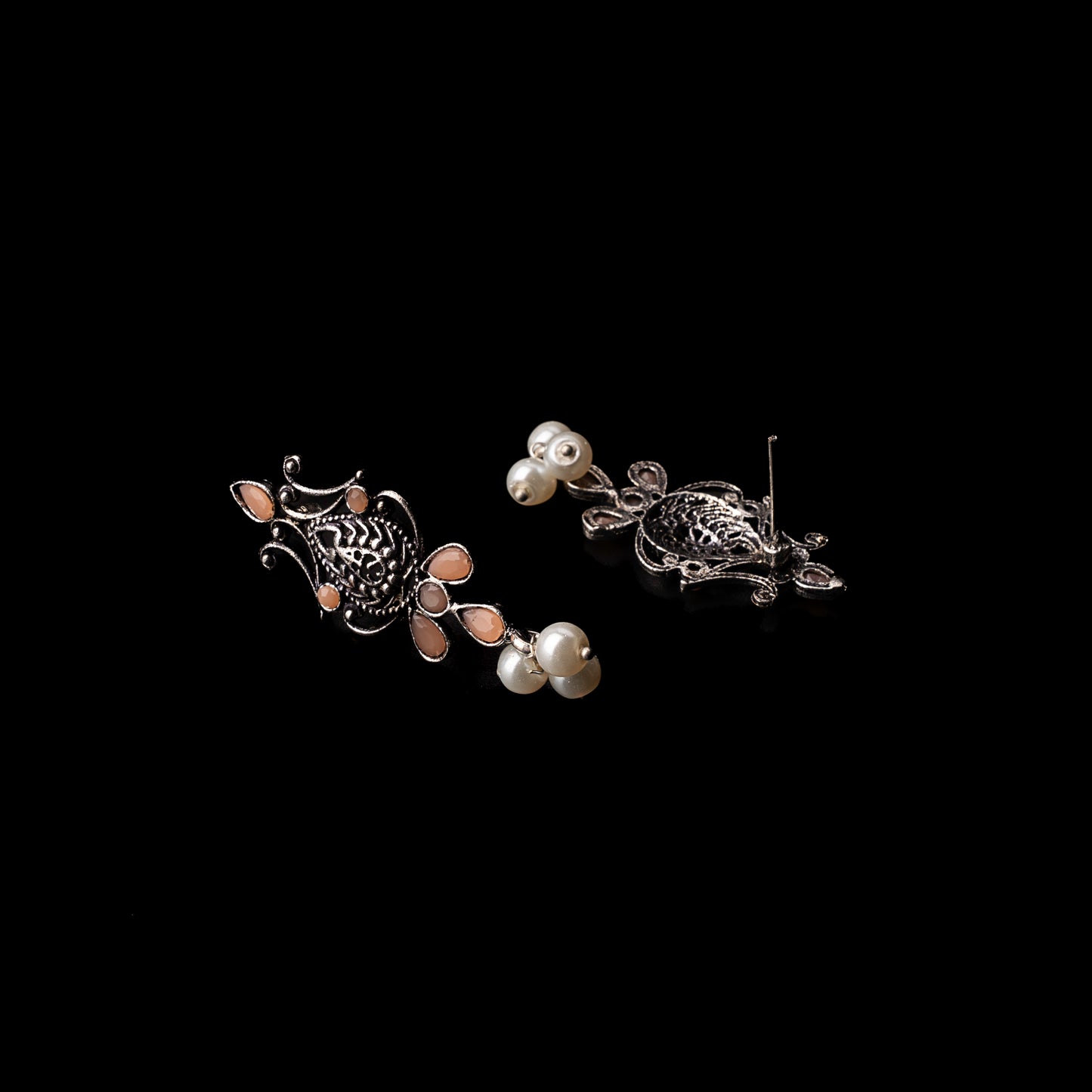 Flower motif hanging pearls dangler earring (Light Orange)