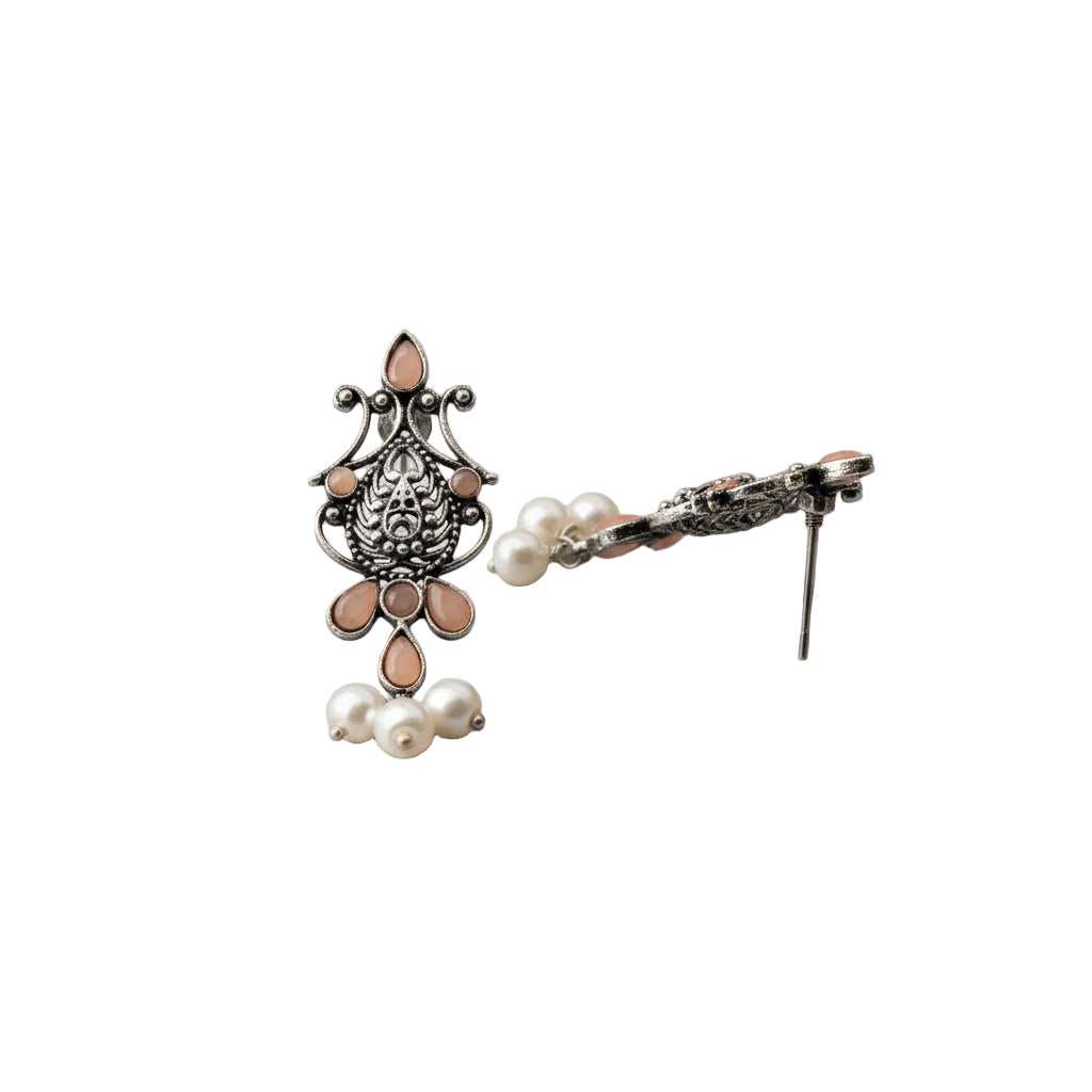 Flower motif hanging pearls dangler earring (Light Orange)