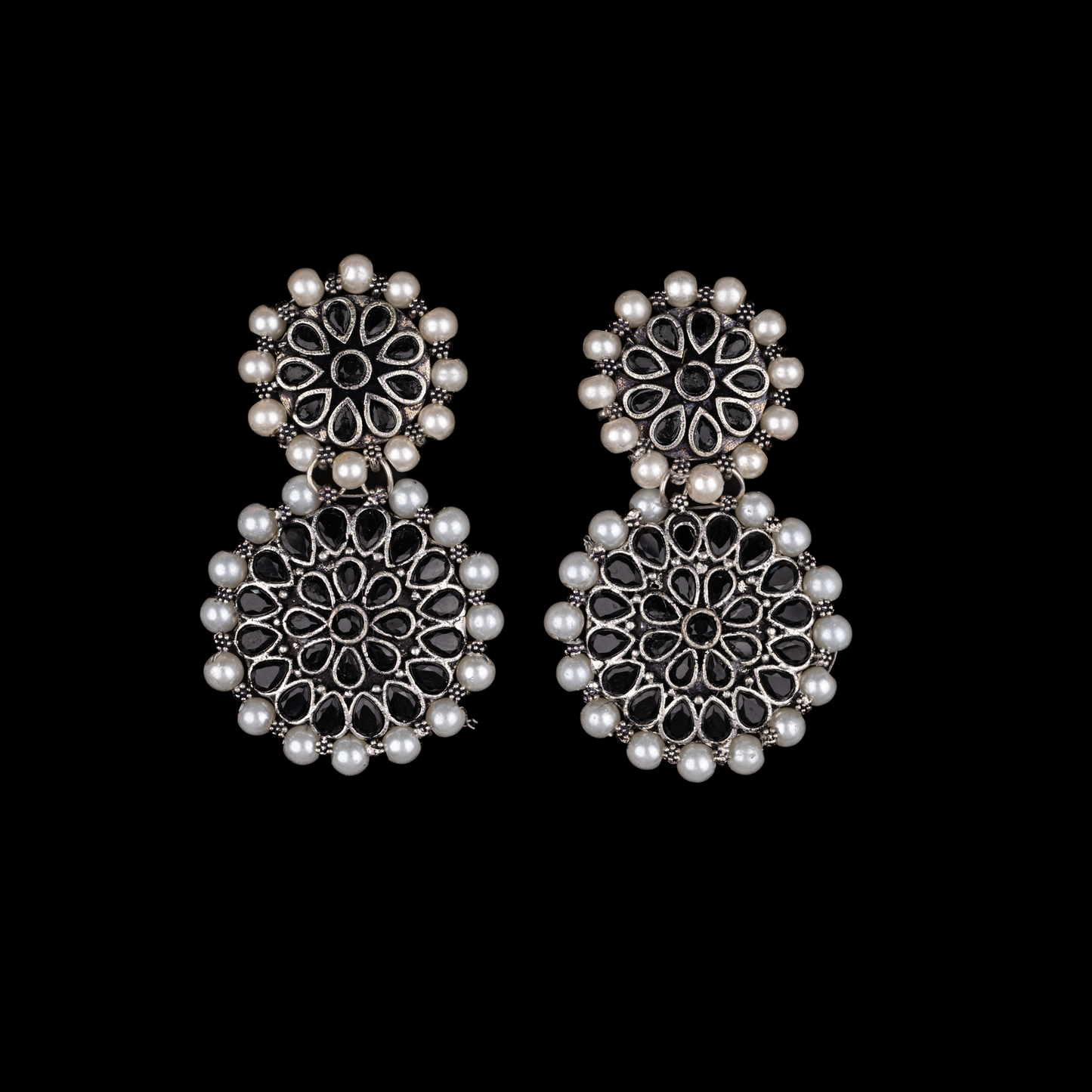 Black Stone Double Circle Statement Dangler Earrings