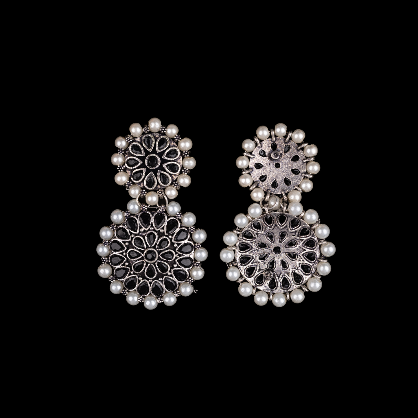 Black Stone Double Circle Statement Dangler Earrings