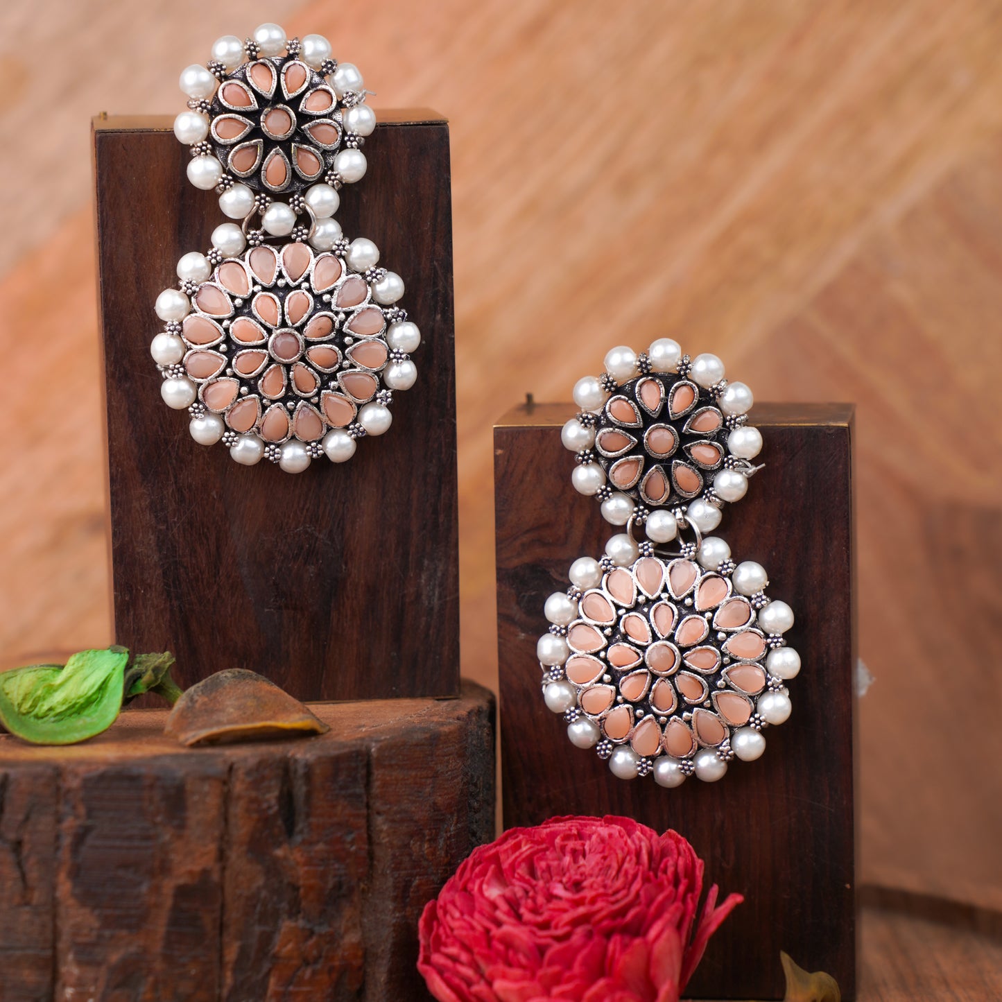 Light Orangish Stone Double Circle Statement Dangler Earrings