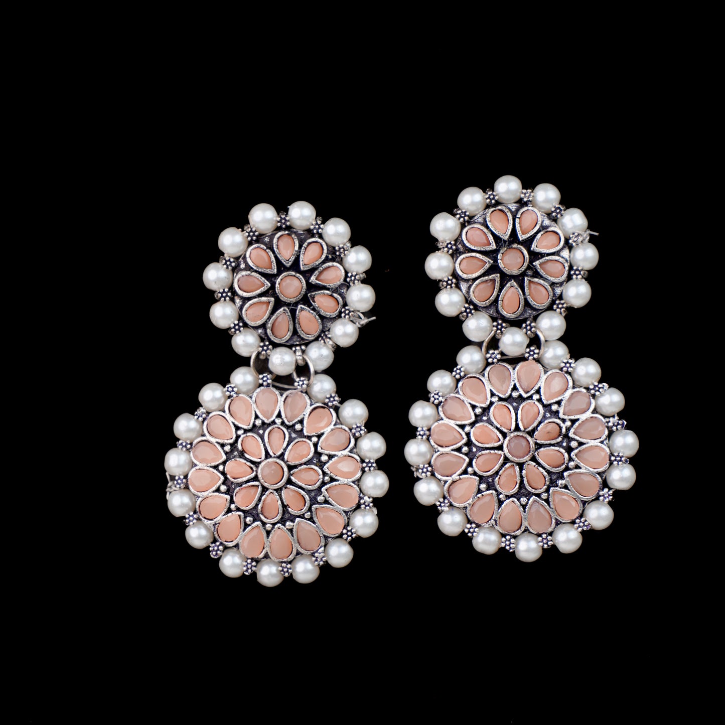 Light Orangish Stone Double Circle Statement Dangler Earrings