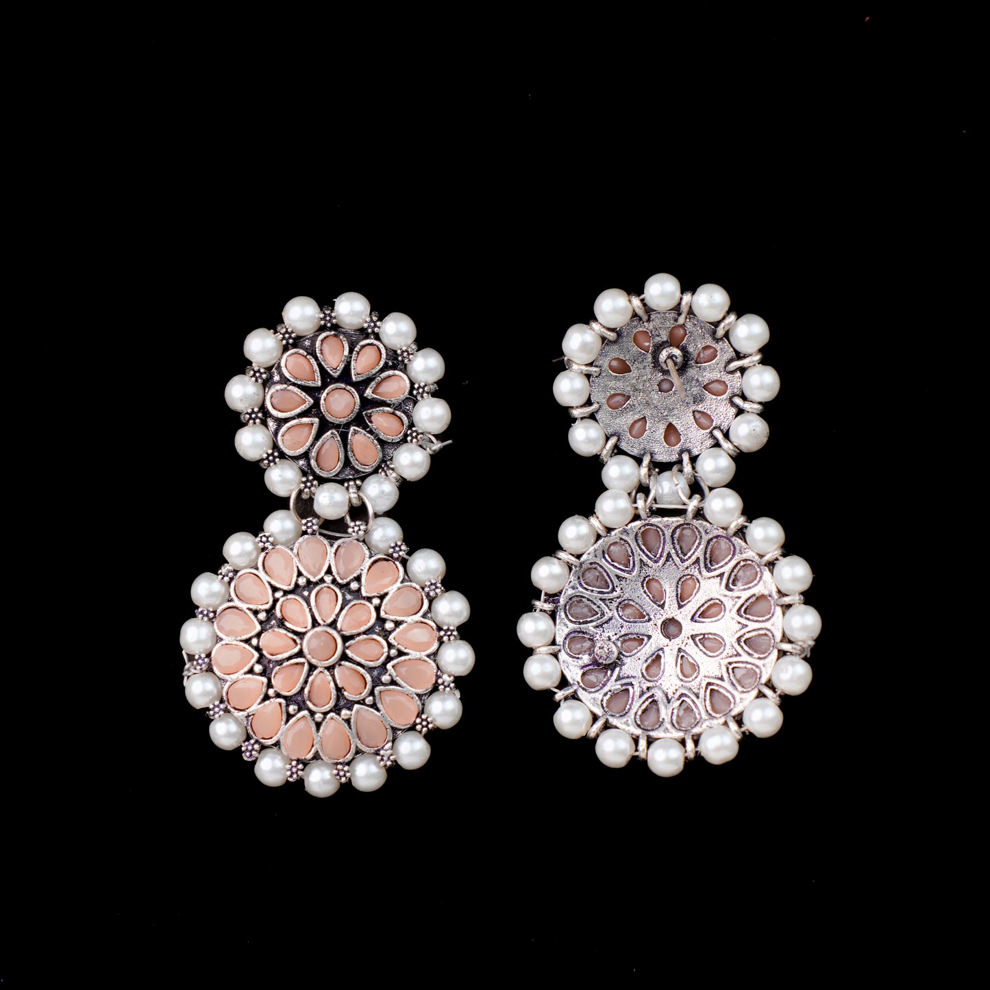 Light Orangish Stone Double Circle Statement Dangler Earrings