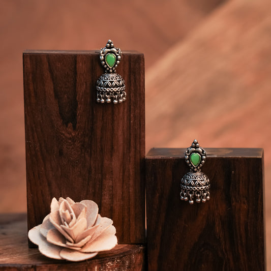 Jharokha stone studded jhumki earring (Pista)