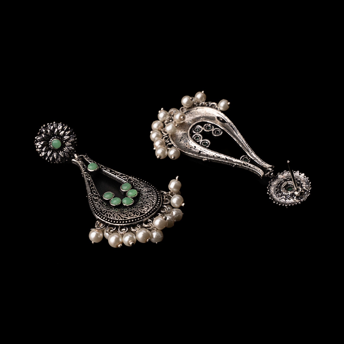 Pista Stone Studded Statement Earrings With Hanging Pearls