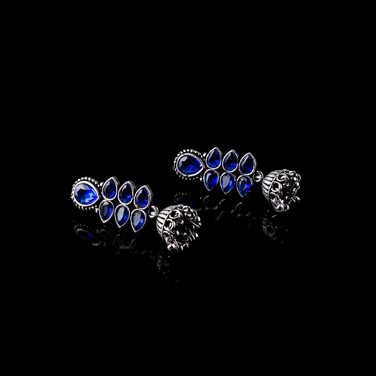 Blue Stone Studded Oxidised Earrings With Hanging Jhumki