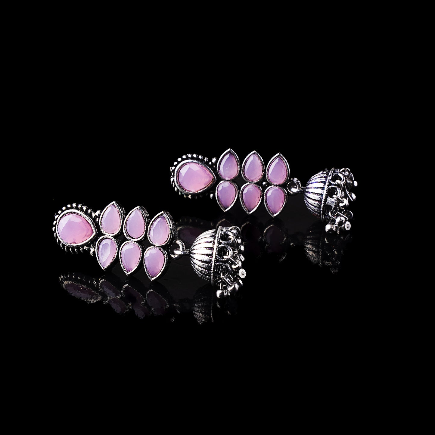 Baby Pink Stone Studded Oxidised Earrings With Hanging Jhumki