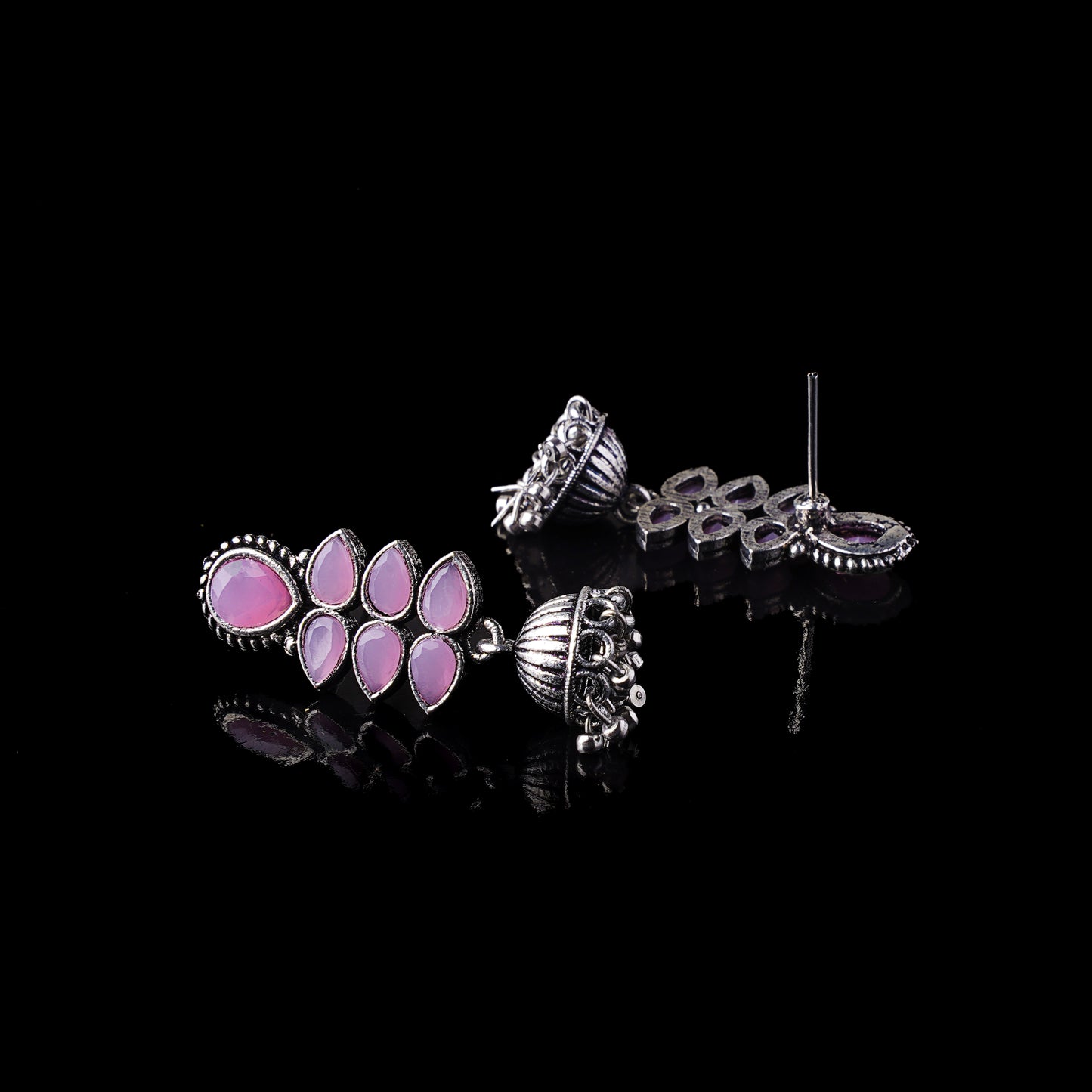 Baby Pink Stone Studded Oxidised Earrings With Hanging Jhumki
