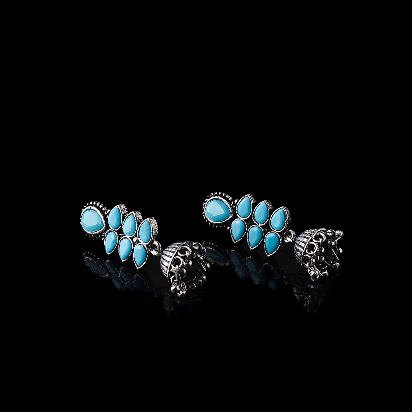Sky Blue Stone Studded Oxidised Earrings With Hanging Jhumki