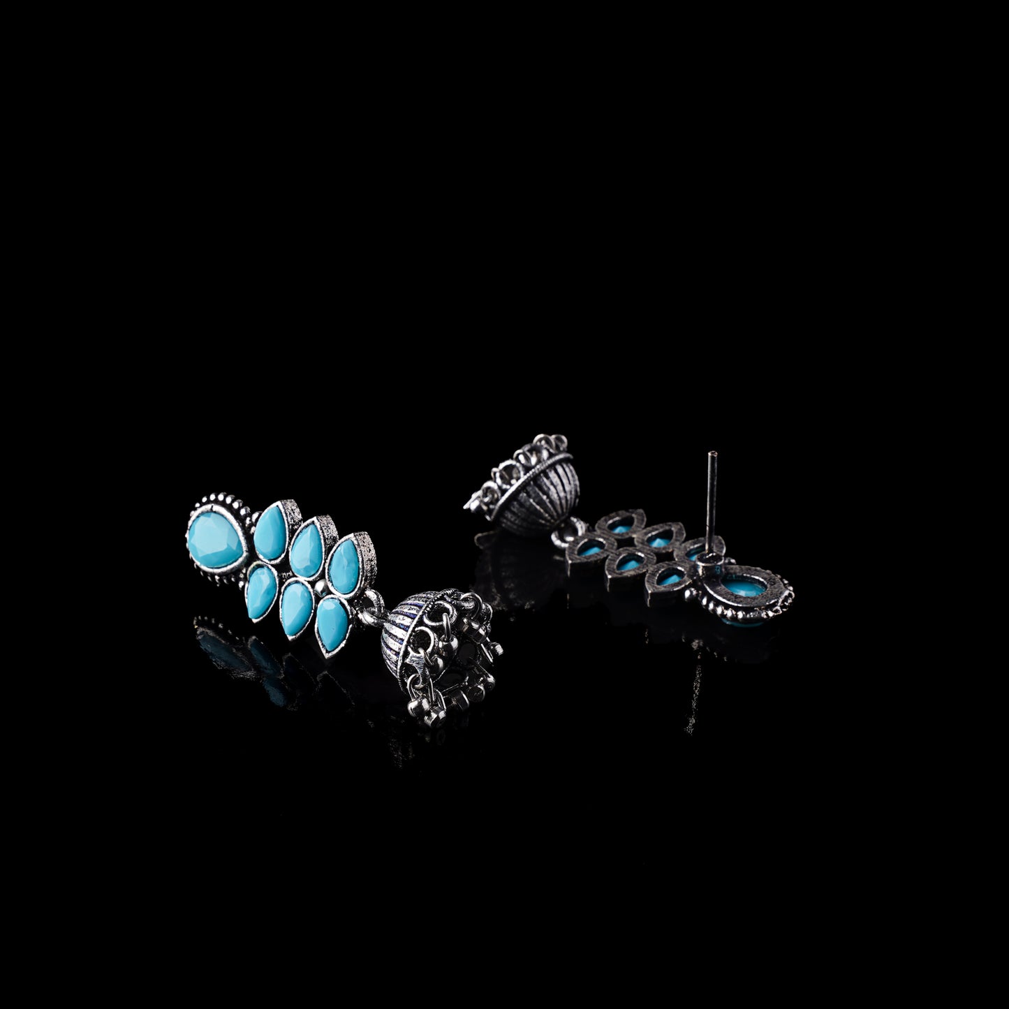Sky Blue Stone Studded Oxidised Earrings With Hanging Jhumki