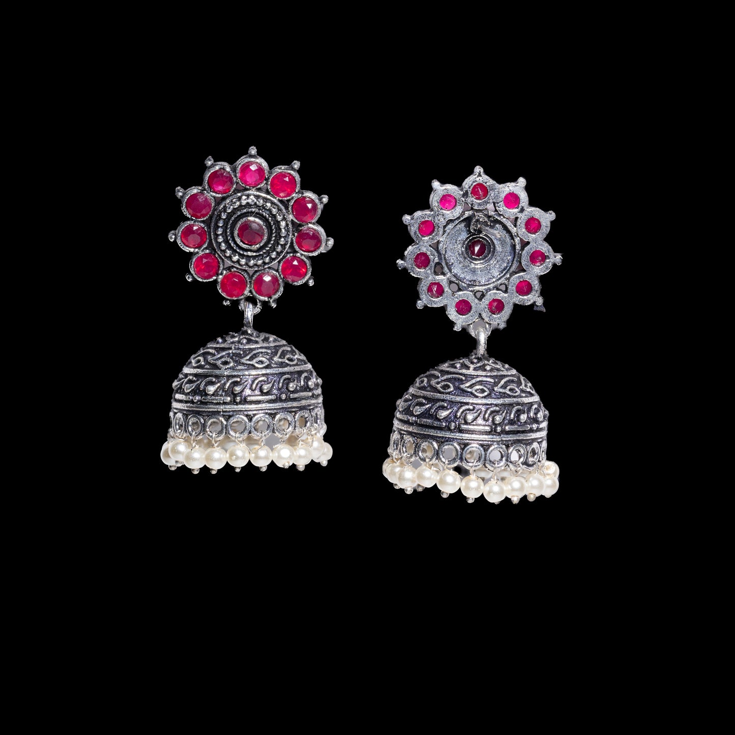 Red Stone Studded German Silver Jhumki Earrings With Hanging Pearls