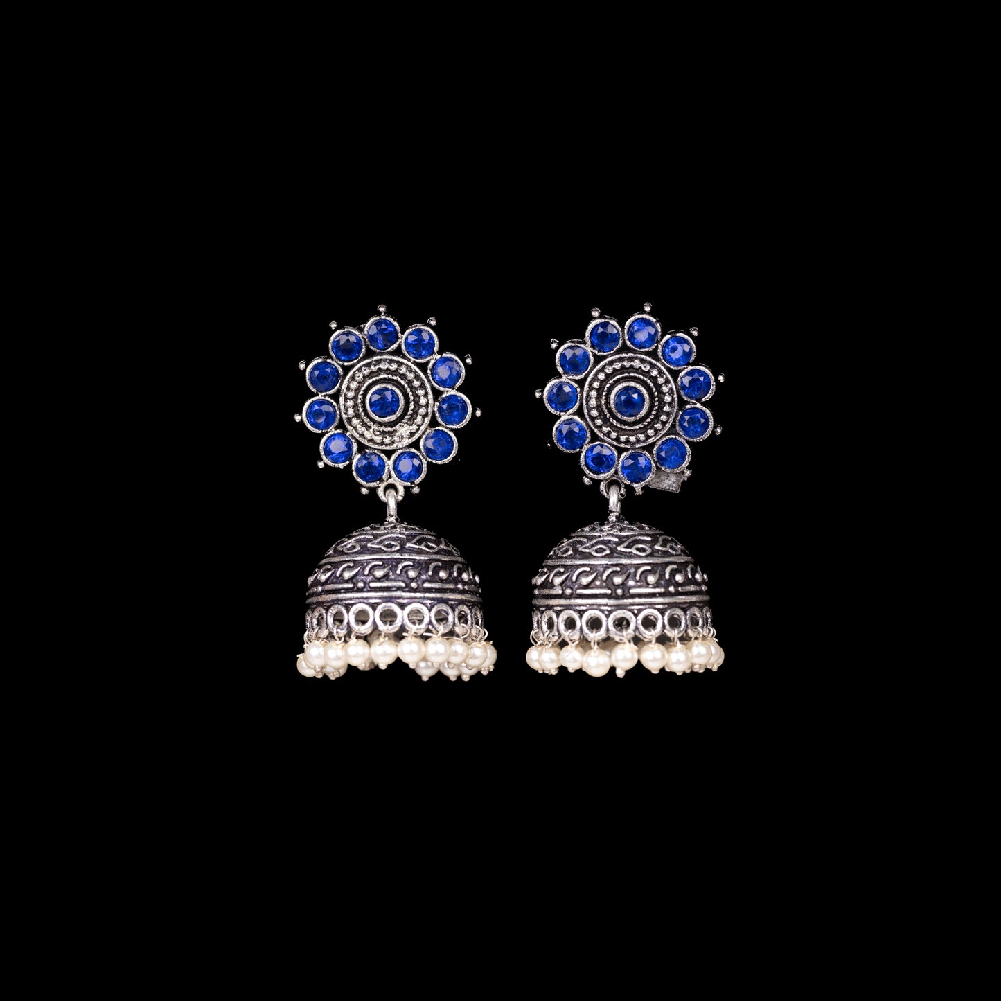 Blue Stone Studded German Silver Jhumki Earrings With Hanging Pearls