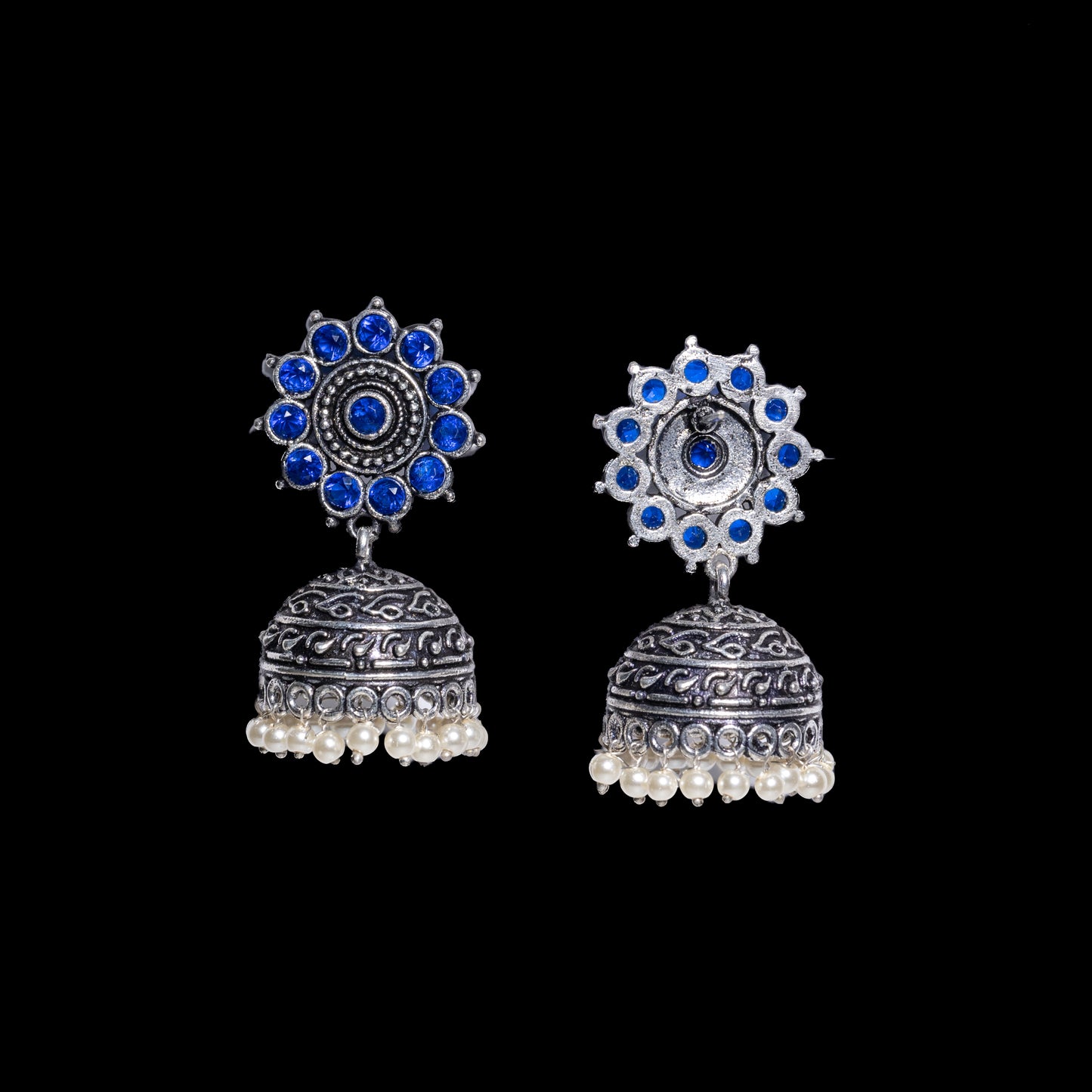 Blue Stone Studded German Silver Jhumki Earrings With Hanging Pearls