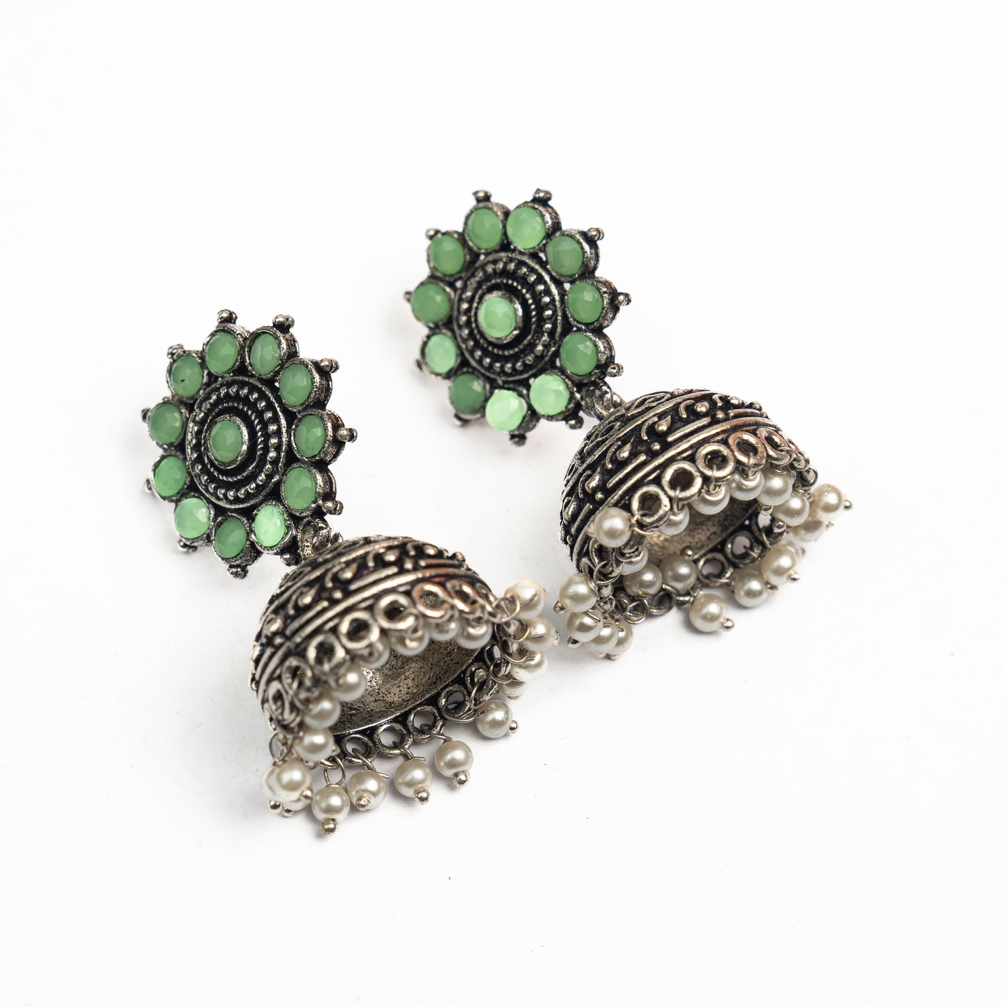 Phoolon ki baali pearl jhumki earrings (Pista)