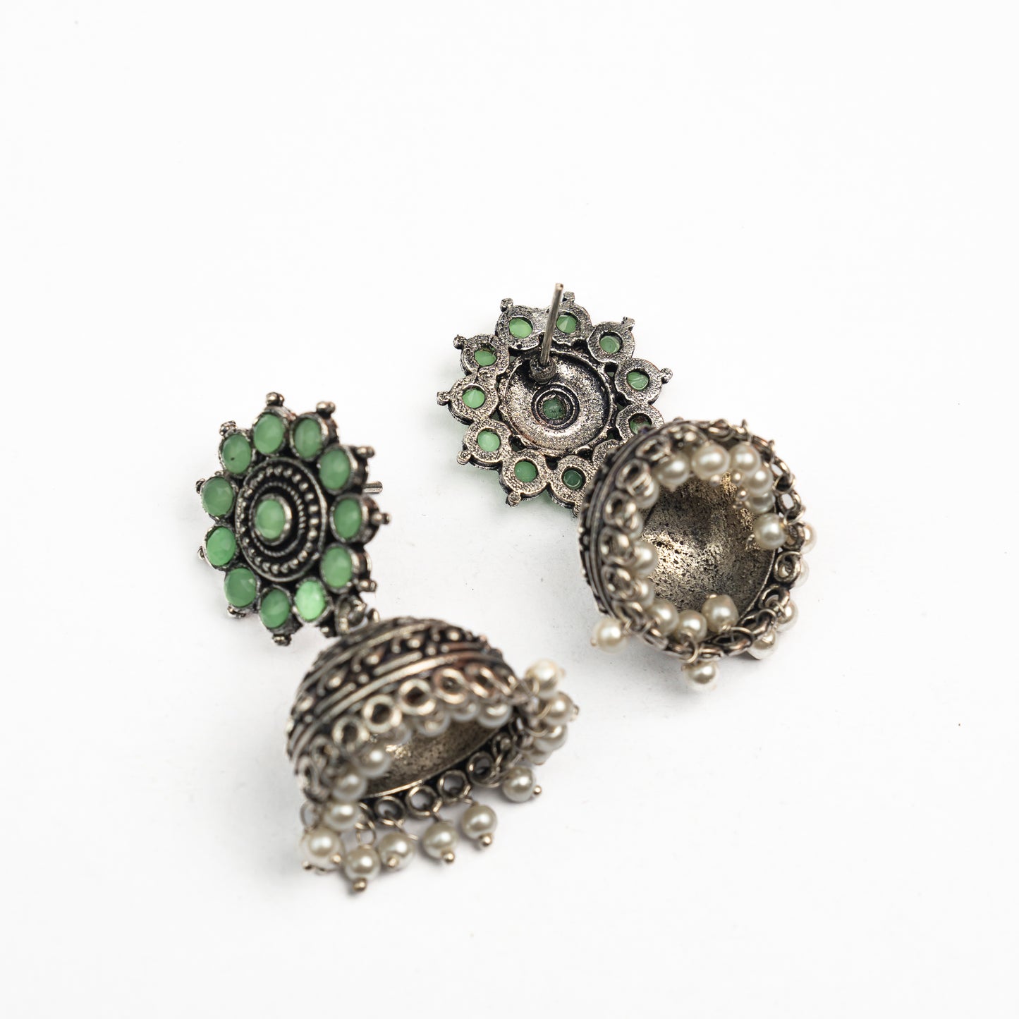Phoolon ki baali pearl jhumki earrings (Pista)