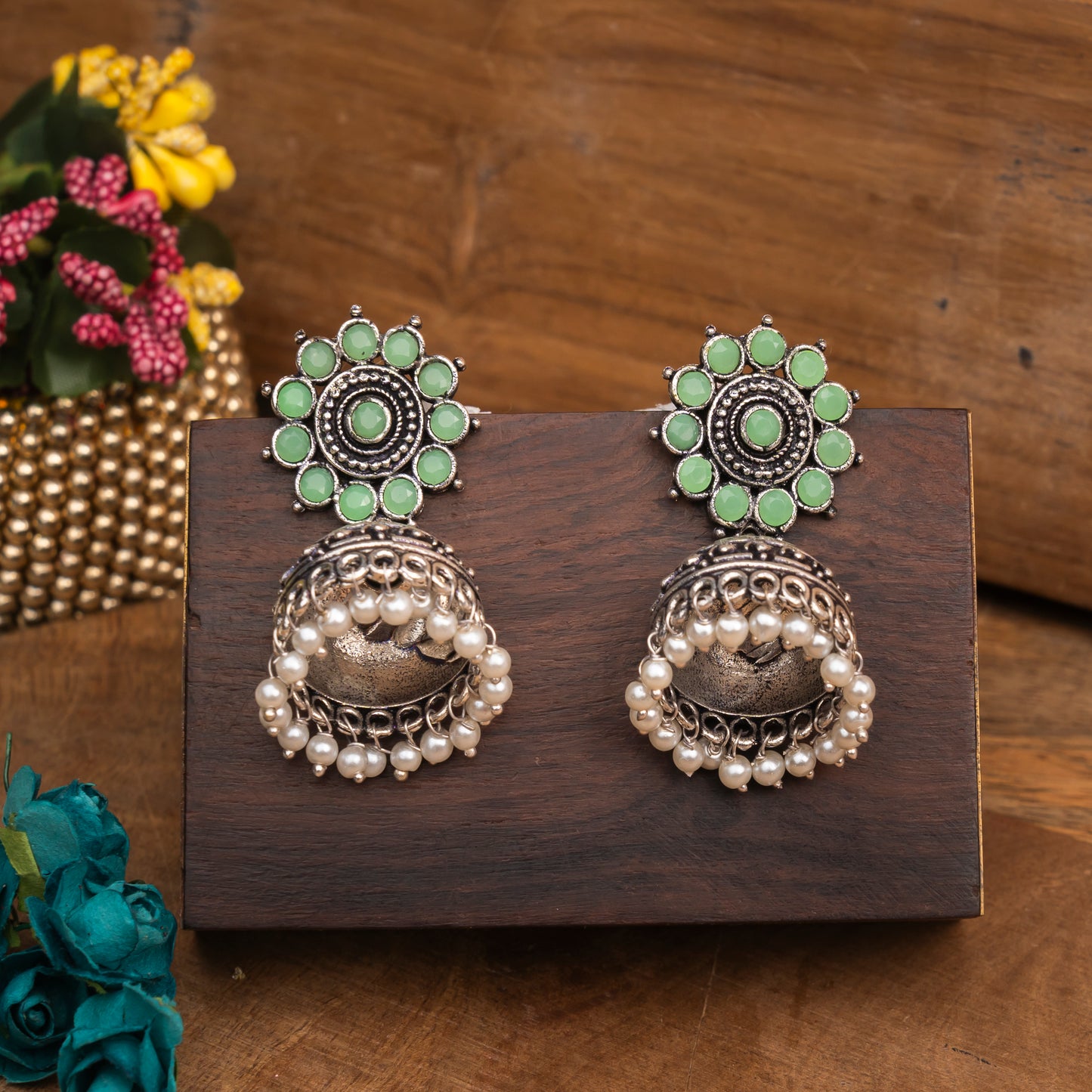 Phoolon ki baali pearl jhumki earrings (Pista)