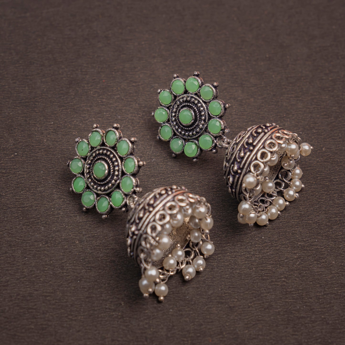 Phoolon ki baali pearl jhumki earrings (Pista)
