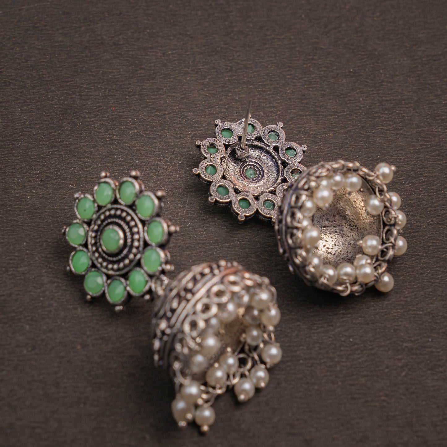 Phoolon ki baali pearl jhumki earrings (Pista)
