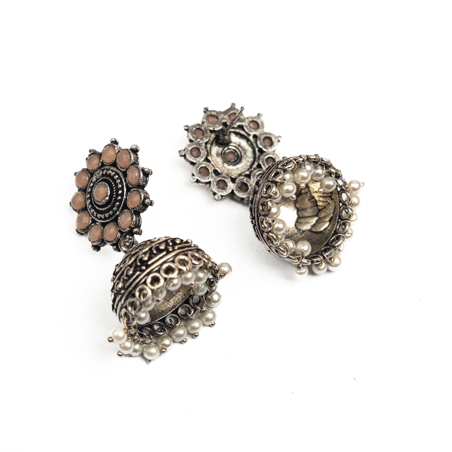 Light Orangish Stone Studded German Silver Jhumki Earrings With Hanging Pearls