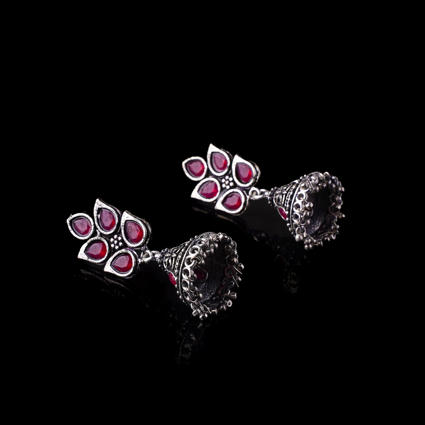 Red Stone Studded Conical Oxidised Jhumki Earrings