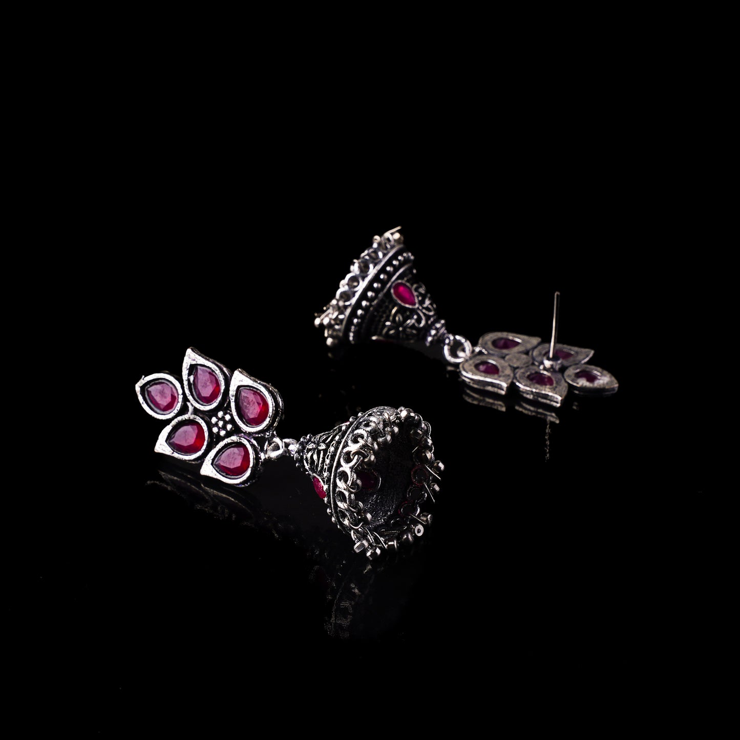 Red Stone Studded Conical Oxidised Jhumki Earrings