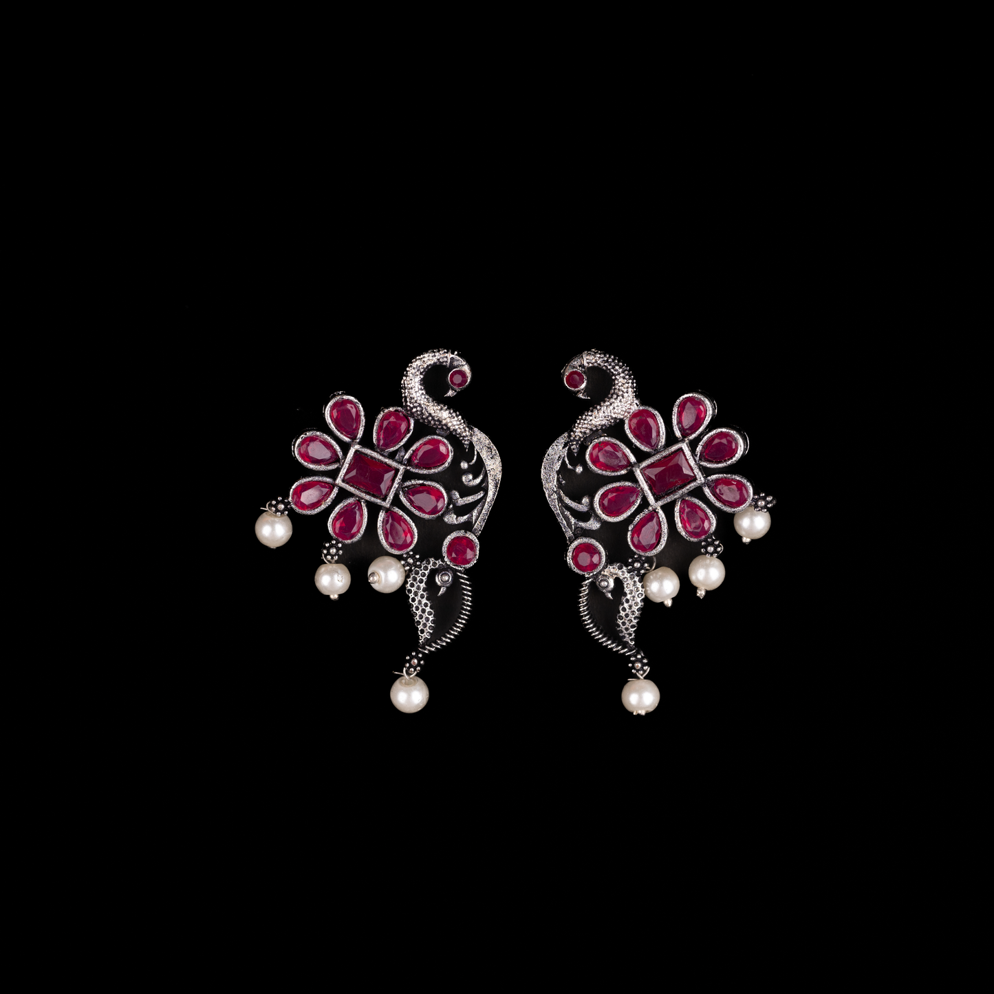 Red Stone Studded Peacock Motif Stud Earrings With Hanging Pearls