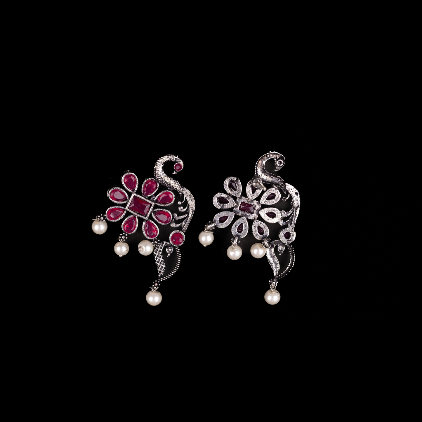 Red Stone Studded Peacock Motif Stud Earrings With Hanging Pearls