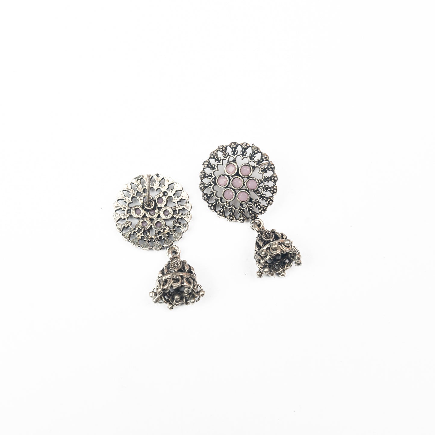 Baby Pink Stone Studded Oxidised Earrings With Hanging Jhumki