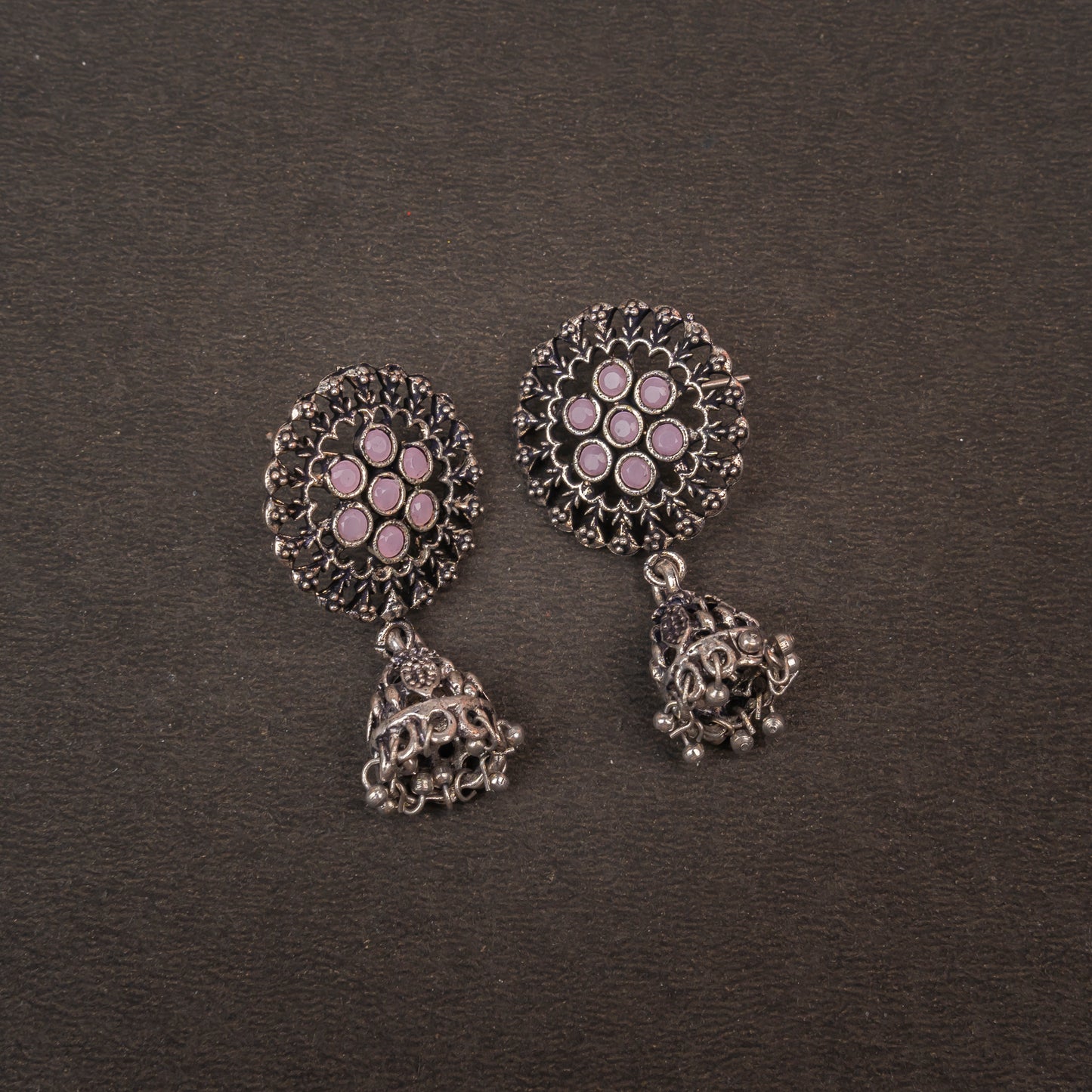 Baby Pink Stone Studded Oxidised Earrings With Hanging Jhumki