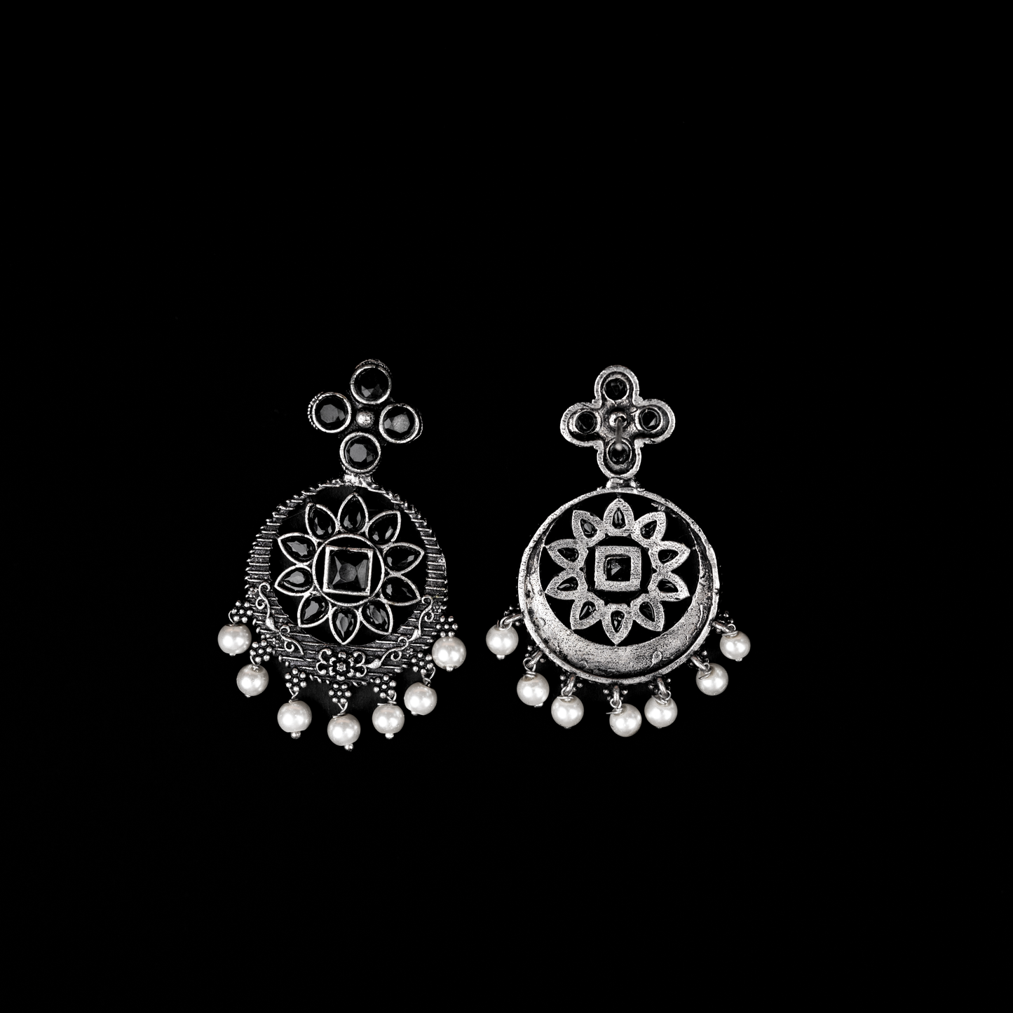 Black Stone Studded German Silver Stud Earrings With Hanging Pearls