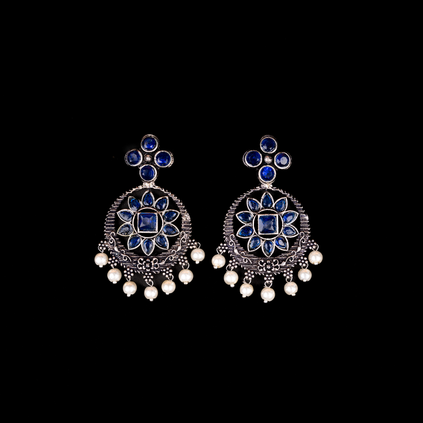 Flower Rangoli Pearl dangler earrings (Blue)