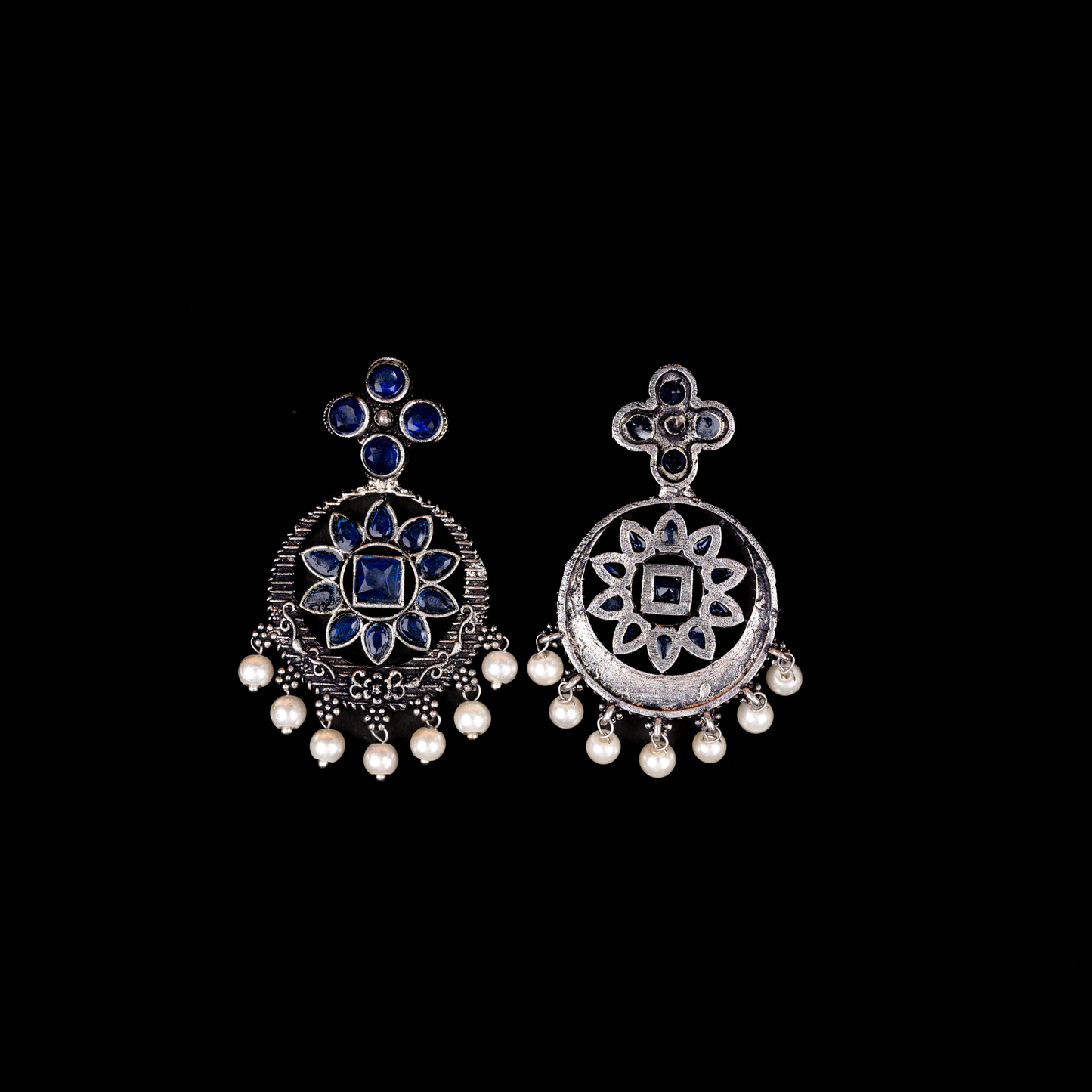 Flower Rangoli Pearl dangler earrings (Blue)