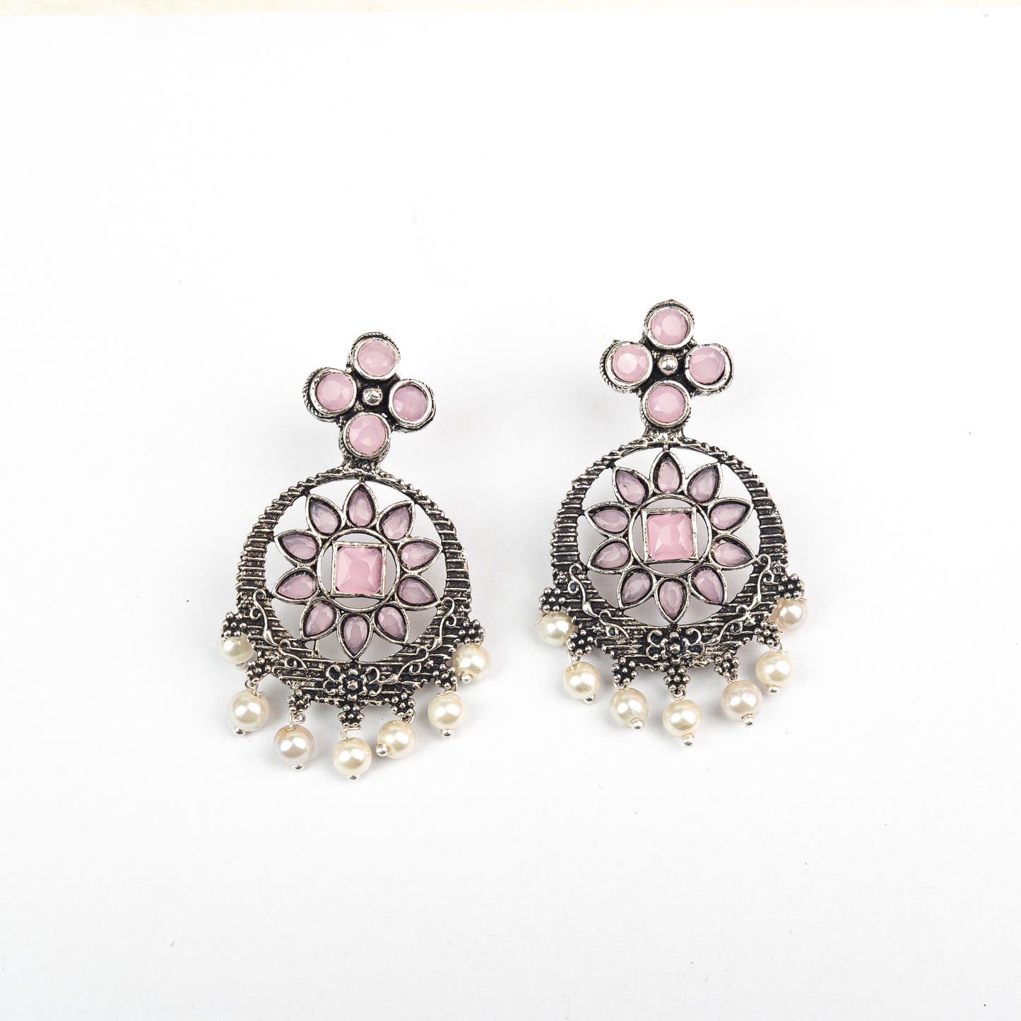 Baby Pink Stone Studded German Silver Stud Earrings With Hanging Pearls