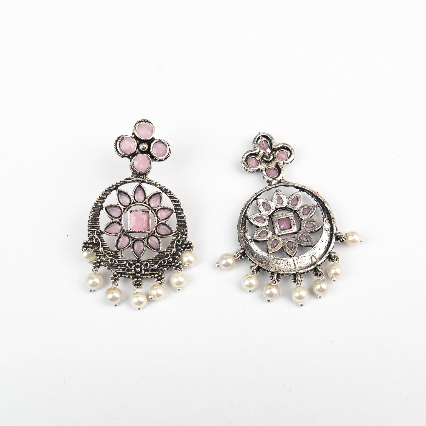 Baby Pink Stone Studded German Silver Stud Earrings With Hanging Pearls