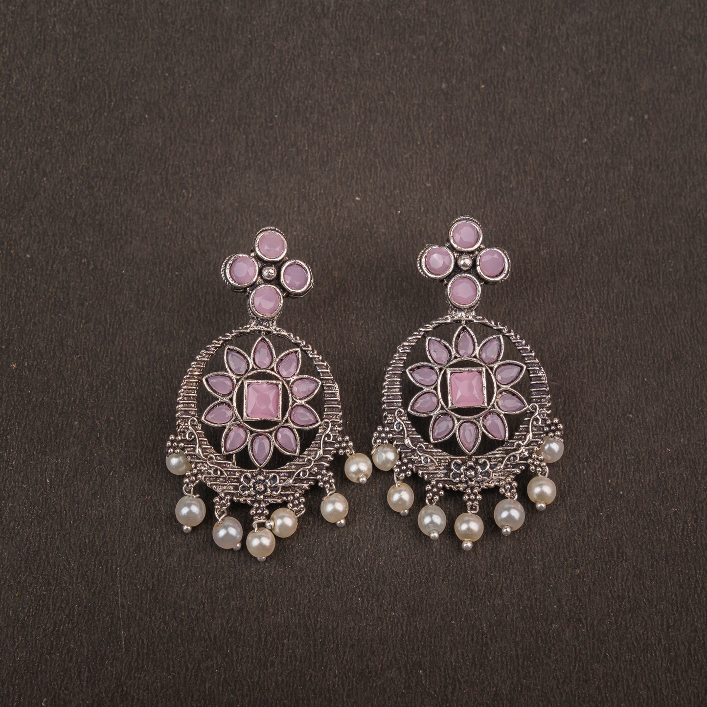 Baby Pink Stone Studded German Silver Stud Earrings With Hanging Pearls