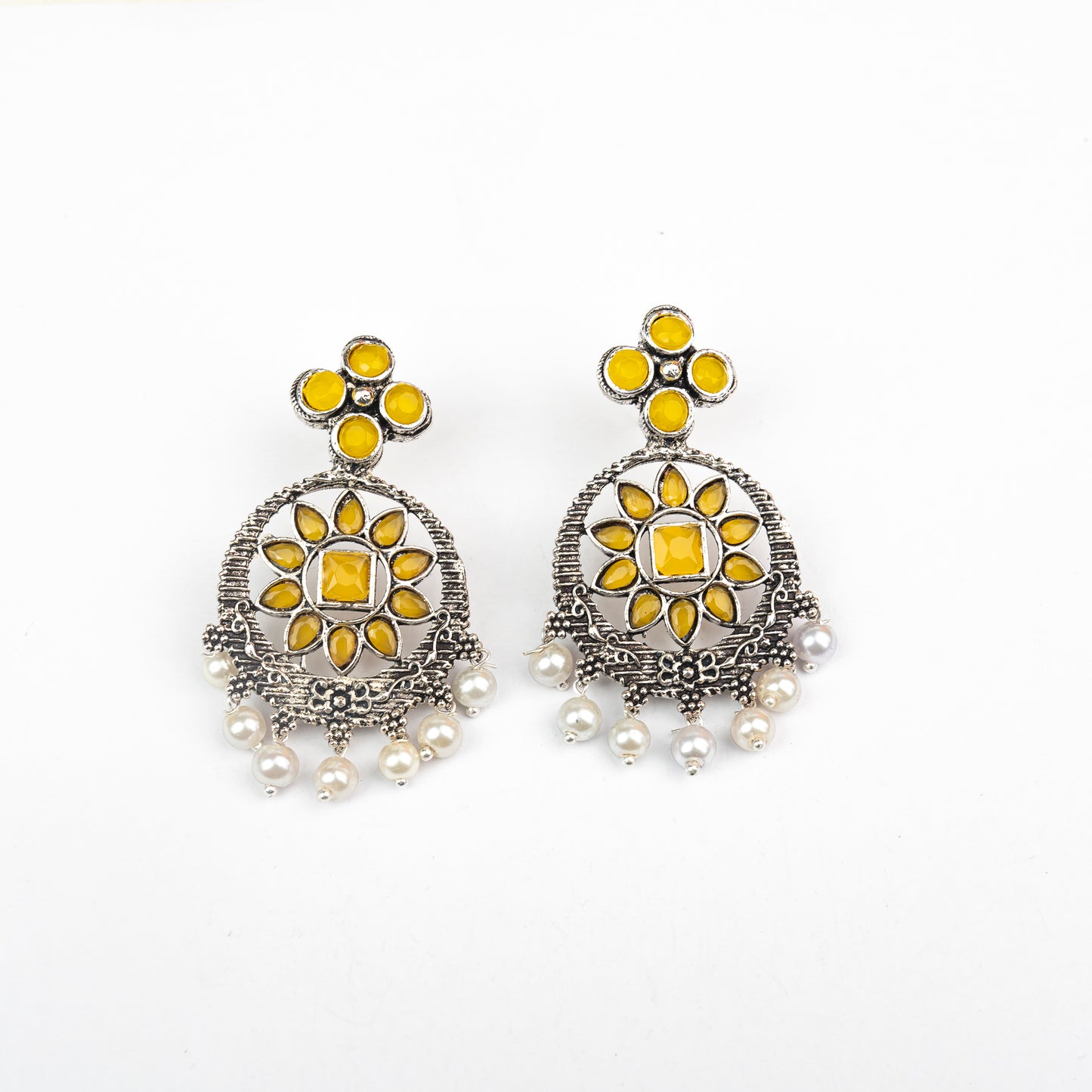 Yellow Stone Studded German Silver Stud Earrings With Hanging Pearls