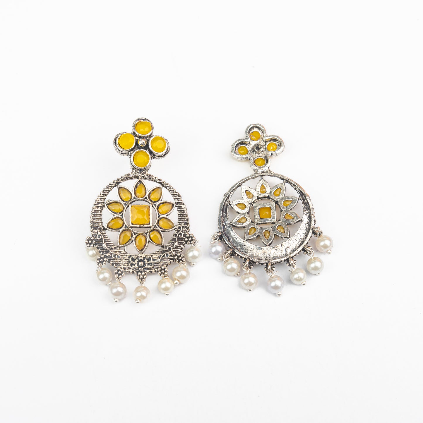 Yellow Stone Studded German Silver Stud Earrings With Hanging Pearls