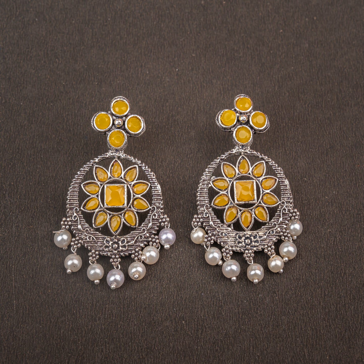 Yellow Stone Studded German Silver Stud Earrings With Hanging Pearls