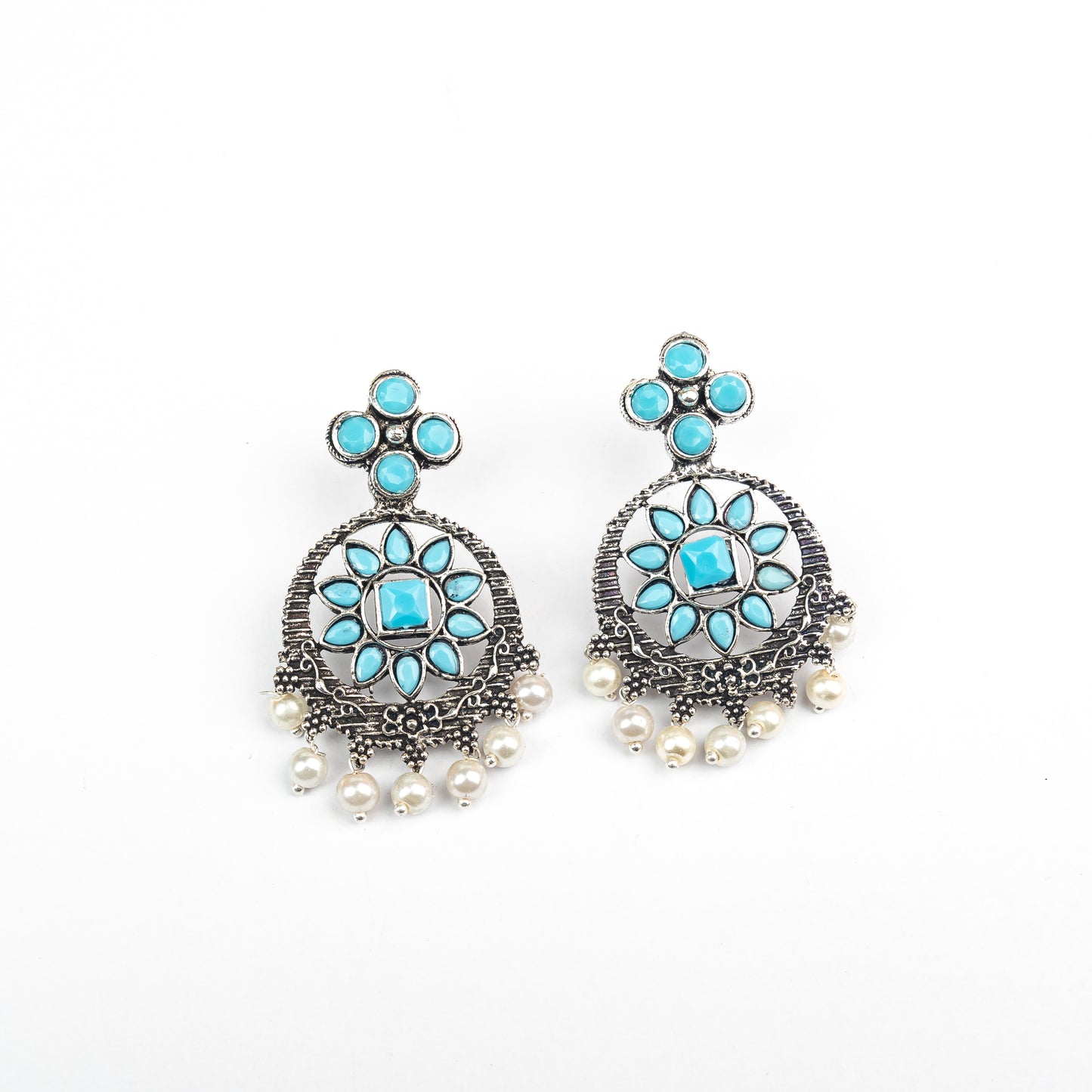 Flower Rangoli Pearl dangler earrings (Sky Blue)