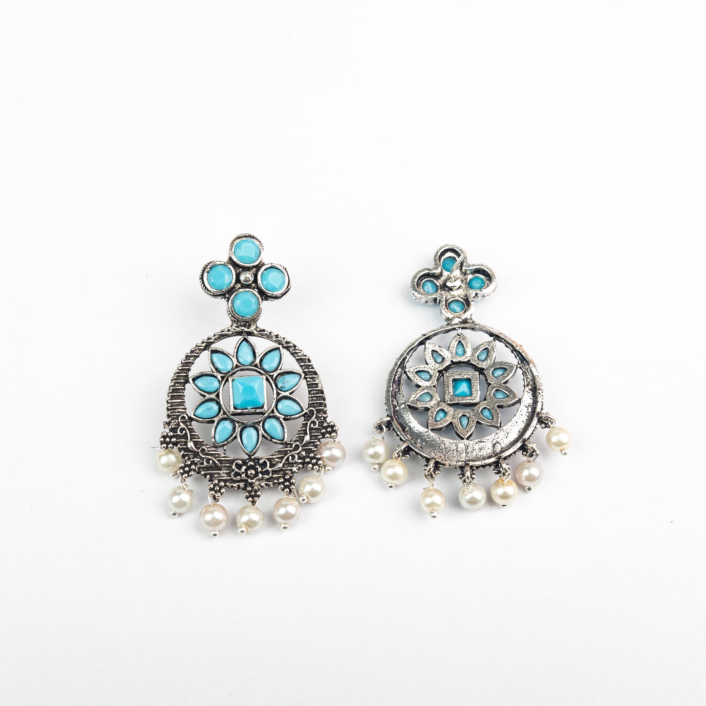 Flower Rangoli Pearl dangler earrings (Sky Blue)